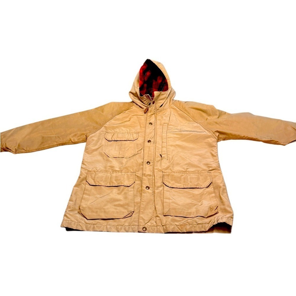 Woolrich Vintage Hooded Field Jacket Tan Plaid Lined Utility Coat Women L XL EUC - Picture 5 of 16